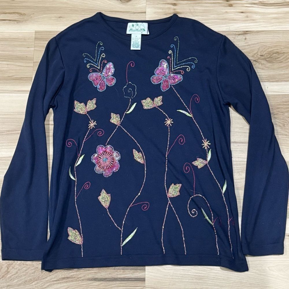 The Quacker Factory Sequin Butterfly Long Sleeve Shirt Springtime Women’s Small